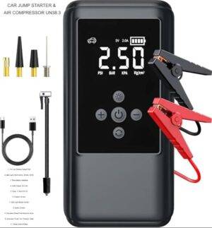 CAR JUMP STARTER & AIR COMPRESSOR UN38.3 – مضخة هواء قوية التشغيل 12 فولت مع باور بانك لبطارية السيارة LESS 10 KD New Arrival SALE Smart Techs, Better Living