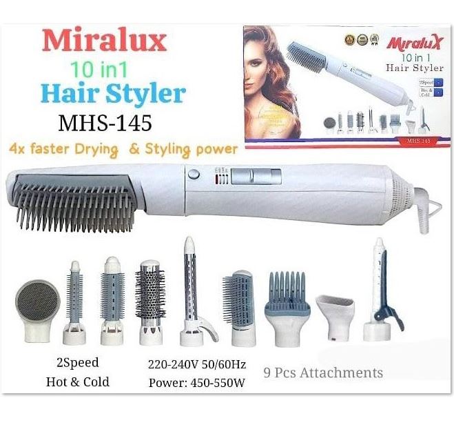 MIRALUX 10 IN 1 HAIR STYLER 2 SPEEDS HOT & COLD – جهاز تصفيف الشعر ميرالوكس ١٠ في ١ بسرعتين، ساخن وبارد LESS 10 KD MIRALUX 10 IN 1 HAIR STYLER 2 SPEEDS HOT & COLD - جهاز تصفيف الشعر ميرالوكس ١٠ في ١ بسرعتين، ساخن وبارد