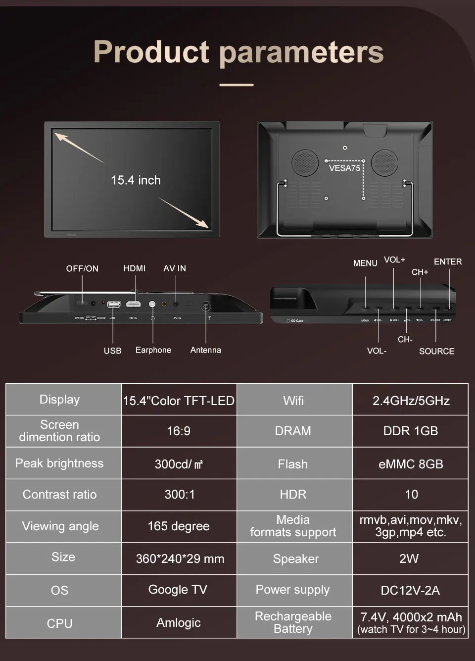 Portable Digital Smart Wifi TV Mini Led TV GTV Google TV with FM Radio DVB-T2/ ATSC/ ISDB