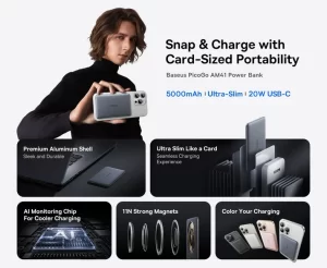 Baseus PicoGo AM41 Ultra-Slim Magnetic Power Bank 5000mAh 20W – Grey – بيسوس بطارية شحن متنقلة مغناطيسية بقوة ٢٠ واط بسعة ٥٠٠٠ مللي آمبيرPicoGo AM41 – رمادي BASEUS