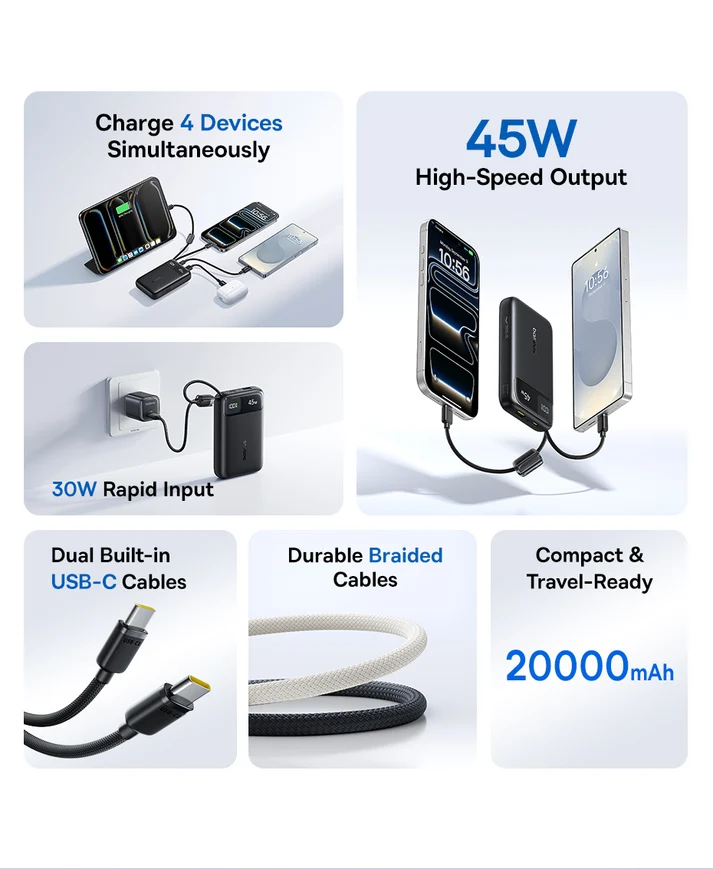 Baseus EnerFill FC11 Digital Display Power Bank with Dual Built-in USB-C Cables 20000mAh 45W - Cosmic Black - بيسوس بطارية شحن متنقلة بقوة ٤٥ واط بسعة ٢٠٠٠٠ مللي آمبير بشاشة عرض رقمية وكابلين USB-C مدمجين EnerFill FC11 - أسود - Image 3
