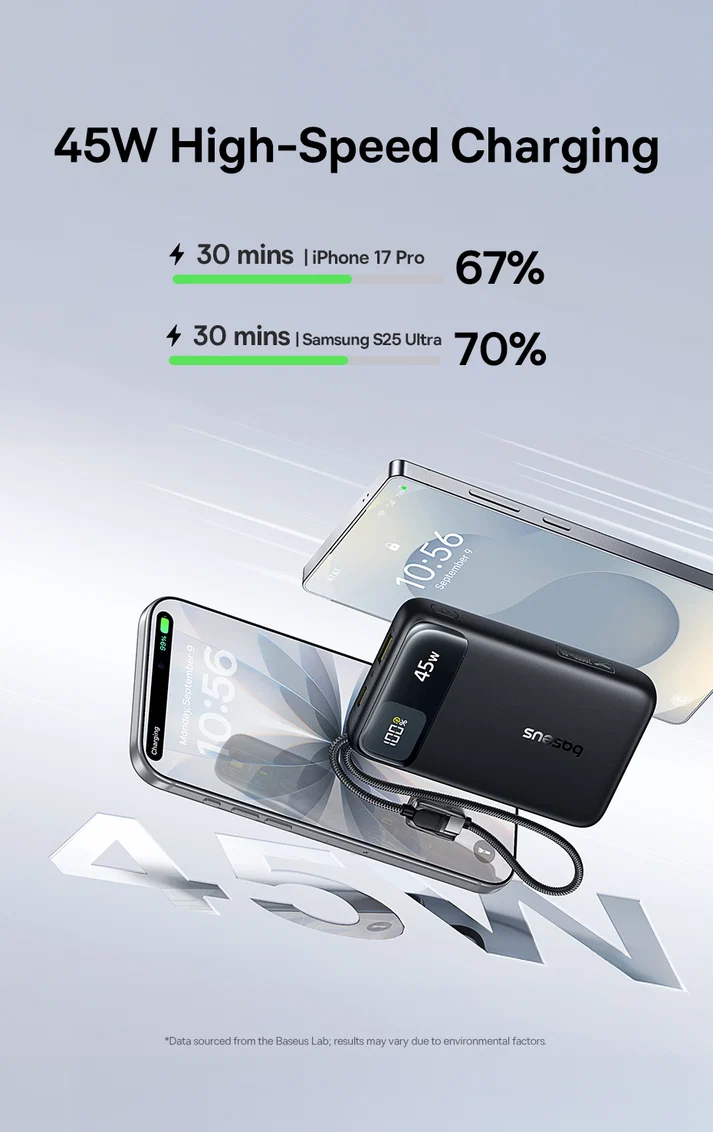 Baseus EnerFill FC11 Digital Display Power Bank with Dual Built-in USB-C Cables 20000mAh 45W - Cosmic Black - بيسوس بطارية شحن متنقلة بقوة ٤٥ واط بسعة ٢٠٠٠٠ مللي آمبير بشاشة عرض رقمية وكابلين USB-C مدمجين EnerFill FC11 - أسود - Image 4