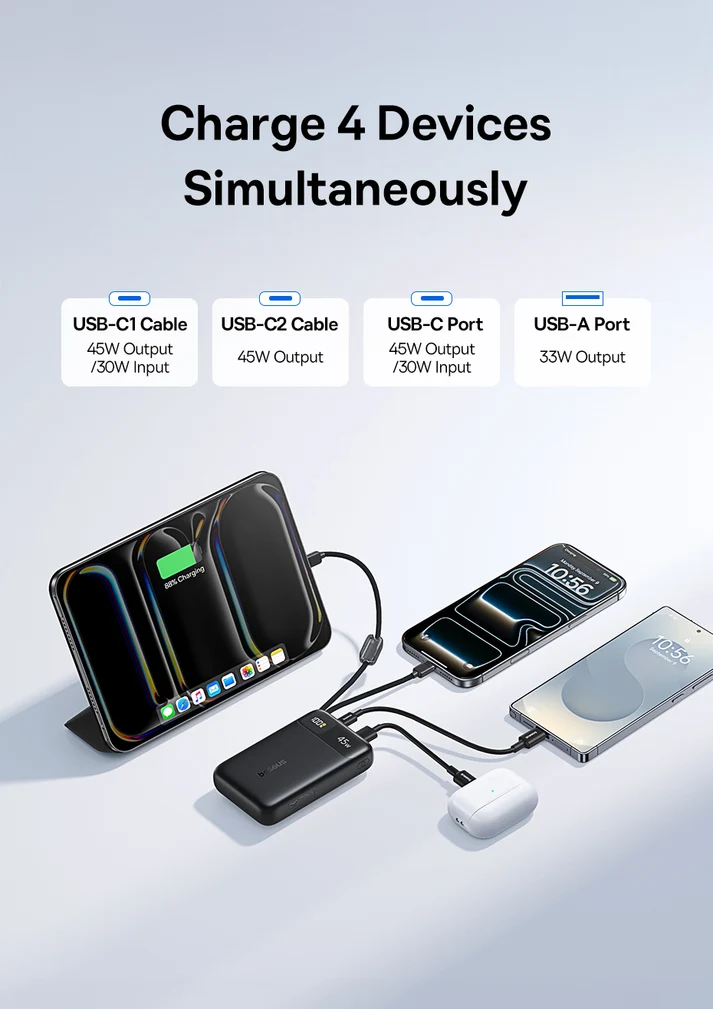 Baseus EnerFill FC11 Digital Display Power Bank with Dual Built-in USB-C Cables 20000mAh 45W - Cosmic Black - بيسوس بطارية شحن متنقلة بقوة ٤٥ واط بسعة ٢٠٠٠٠ مللي آمبير بشاشة عرض رقمية وكابلين USB-C مدمجين EnerFill FC11 - أسود - Image 5