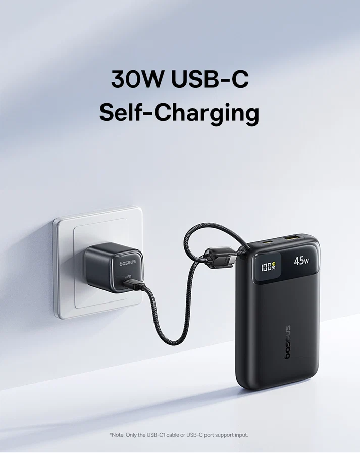 Baseus EnerFill FC11 Digital Display Power Bank with Dual Built-in USB-C Cables 20000mAh 45W - Cosmic Black - بيسوس بطارية شحن متنقلة بقوة ٤٥ واط بسعة ٢٠٠٠٠ مللي آمبير بشاشة عرض رقمية وكابلين USB-C مدمجين EnerFill FC11 - أسود - Image 6