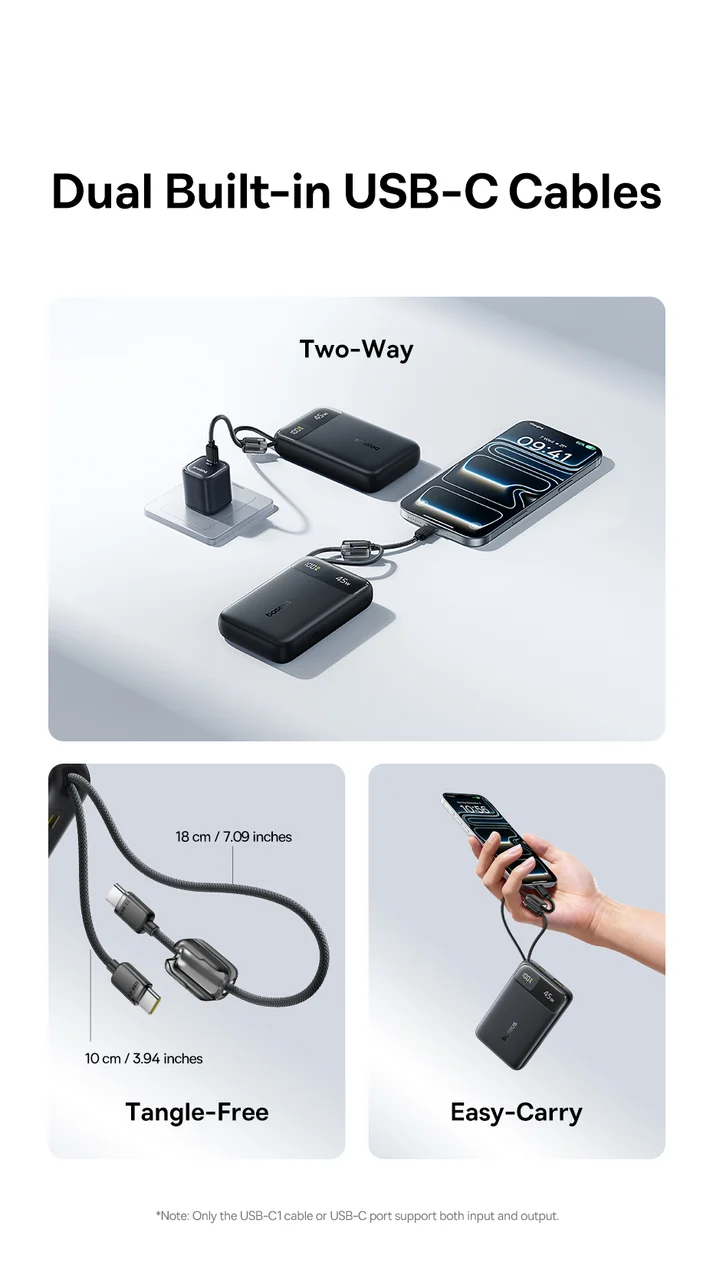 Baseus EnerFill FC11 Digital Display Power Bank with Dual Built-in USB-C Cables 20000mAh 45W - Cosmic Black - بيسوس بطارية شحن متنقلة بقوة ٤٥ واط بسعة ٢٠٠٠٠ مللي آمبير بشاشة عرض رقمية وكابلين USB-C مدمجين EnerFill FC11 - أسود - Image 7