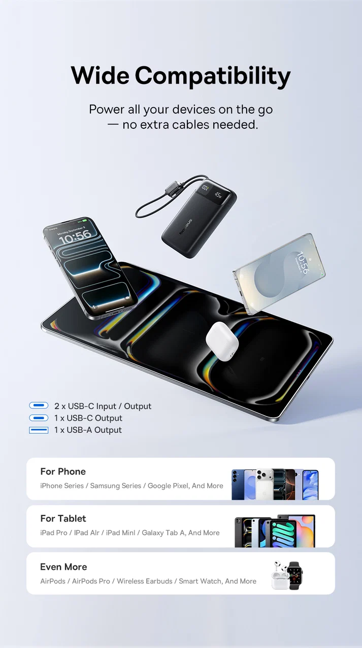 Baseus EnerFill FC11 Digital Display Power Bank with Dual Built-in USB-C Cables 20000mAh 45W - Cosmic Black - بيسوس بطارية شحن متنقلة بقوة ٤٥ واط بسعة ٢٠٠٠٠ مللي آمبير بشاشة عرض رقمية وكابلين USB-C مدمجين EnerFill FC11 - أسود - Image 8