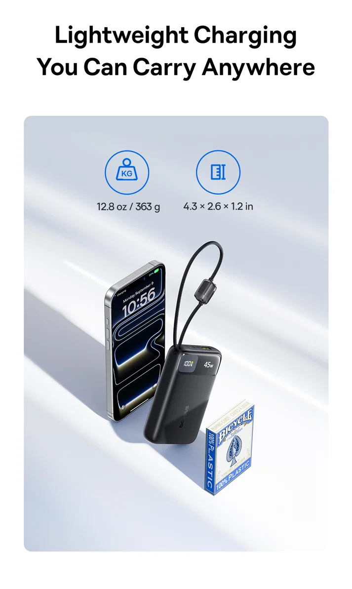 Baseus EnerFill FC11 Digital Display Power Bank with Dual Built-in USB-C Cables 20000mAh 45W - Cosmic Black - بيسوس بطارية شحن متنقلة بقوة ٤٥ واط بسعة ٢٠٠٠٠ مللي آمبير بشاشة عرض رقمية وكابلين USB-C مدمجين EnerFill FC11 - أسود - Image 10