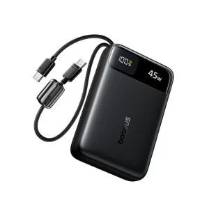 Baseus EnerFill FC11 Digital Display Power Bank with Dual Built-in USB-C Cables 20000mAh 45W – Cosmic Black – بيسوس بطارية شحن متنقلة بقوة ٤٥ واط بسعة ٢٠٠٠٠ مللي آمبير بشاشة عرض رقمية وكابلين USB-C مدمجين EnerFill FC11 – أسود BASEUS