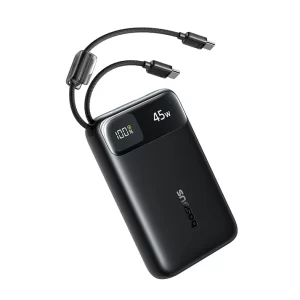 Baseus EnerFill FC11 Digital Display Power Bank with Dual Built-in USB-C Cables 20000mAh 45W - Cosmic Black - بيسوس بطارية شحن متنقلة بقوة ٤٥ واط بسعة ٢٠٠٠٠ مللي آمبير بشاشة عرض رقمية وكابلين USB-C مدمجين EnerFill FC11 - أسود