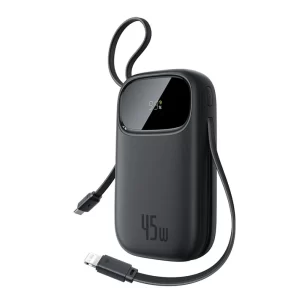 Baseus EnerFill FC31 Qpow3 Power Bank 10000mAh 45W with USB-C + Lightning Cables – Black - بيسوس بطارية شحن متنقلة بقوة ٤٥ واط مع كابلين تايب - سي و لايتنينج بسعة 10000 مللي امبير– أسود