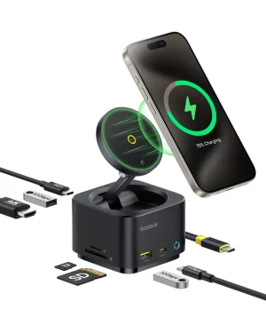 Baseus MagPro II 7-in-1 Magnetic Charging Hub 15W – Black - بيسوس قاعدة شحن مغناطيسية ٧ في ١ بقوة ١٥ واط MagPro II – أسود