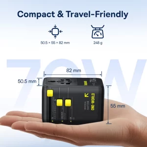 Baseus EnerCore CG11 Universal Travel Adapter 70W with Retractable USB-C - بيسوس محول سفر عالمي بقوة ٧٠ واط مع كابل تايب - سي قابل للسحب EnerCore CG11 - أسود